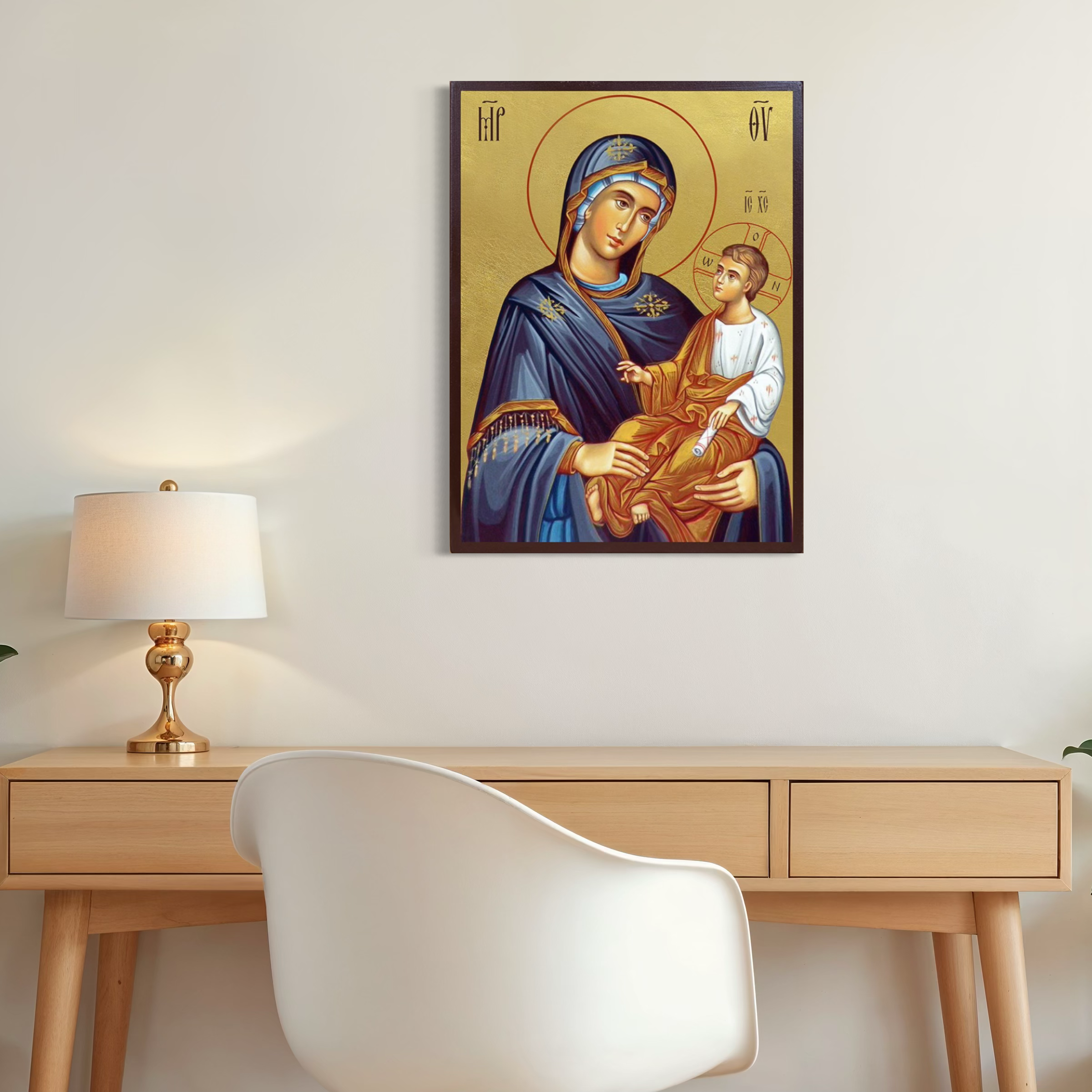 Imagine cu icoana ortodoxa maica domnului cu pruncul, tiparita pe panza canvas